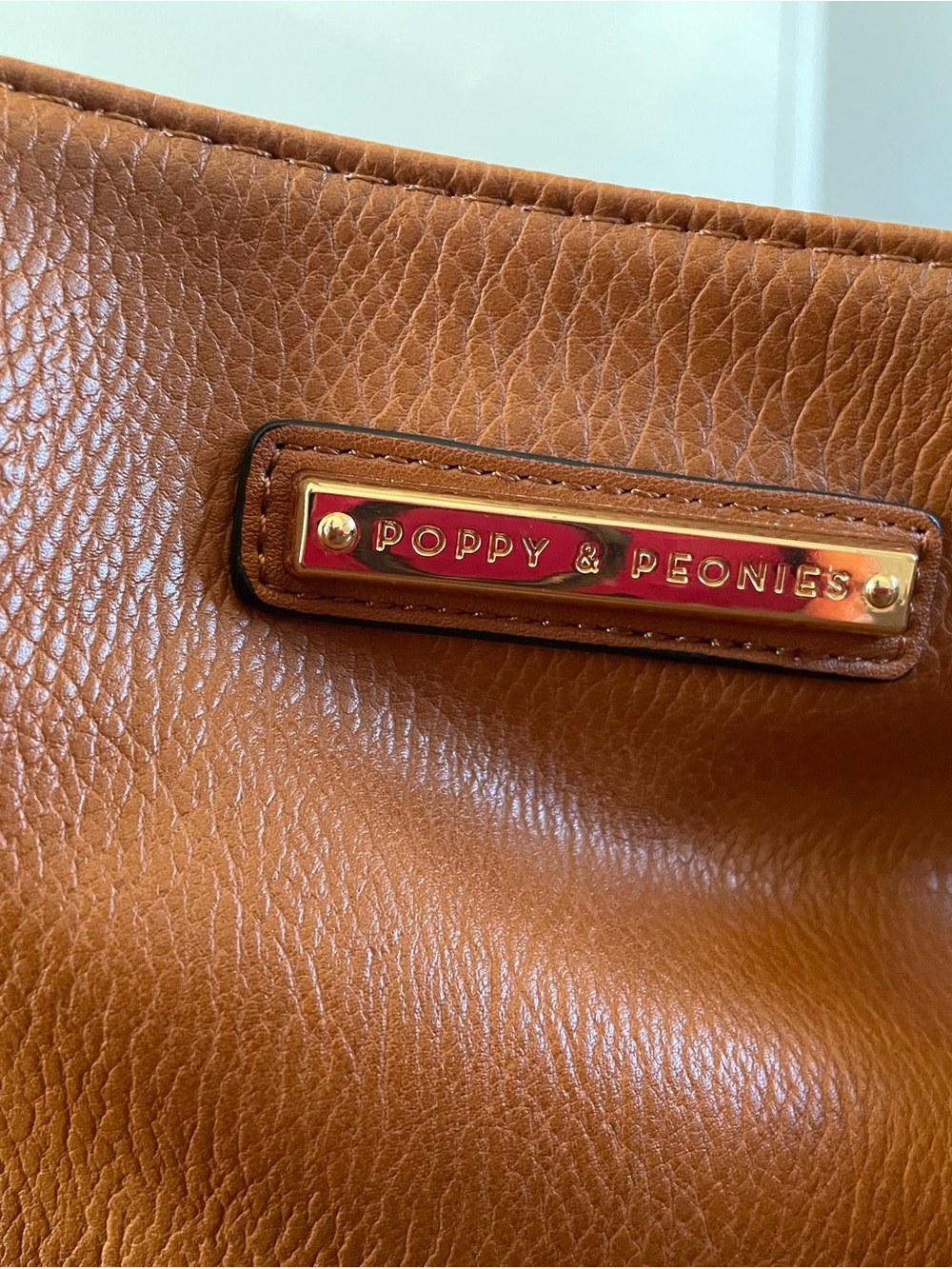 Poppy & Peonies Cognac Pebbled Leather Tote with Gold Nameplate